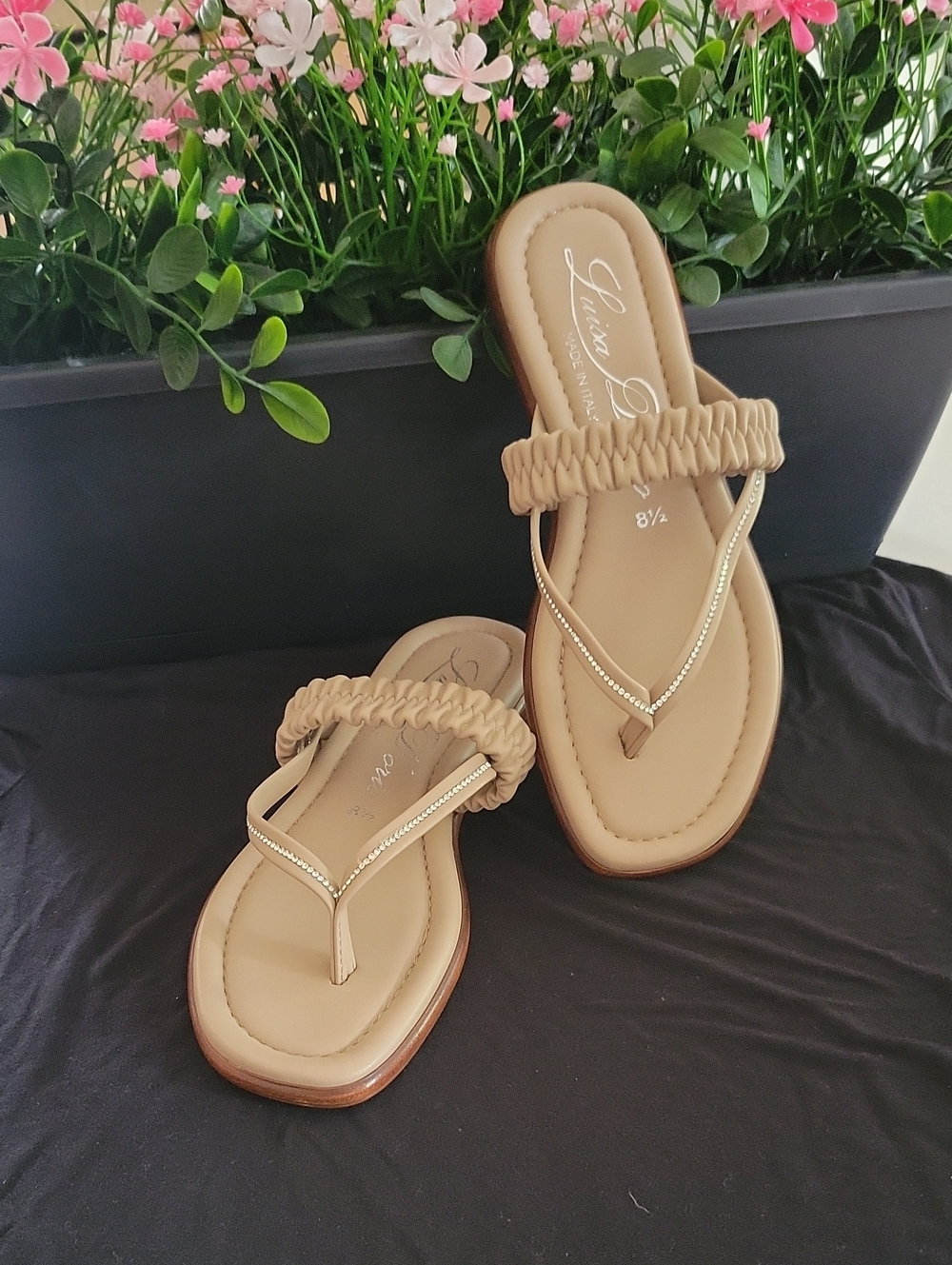 NWT-- Taupe Braided-Strap Women's Thong Sandals with Rhinestone Accent